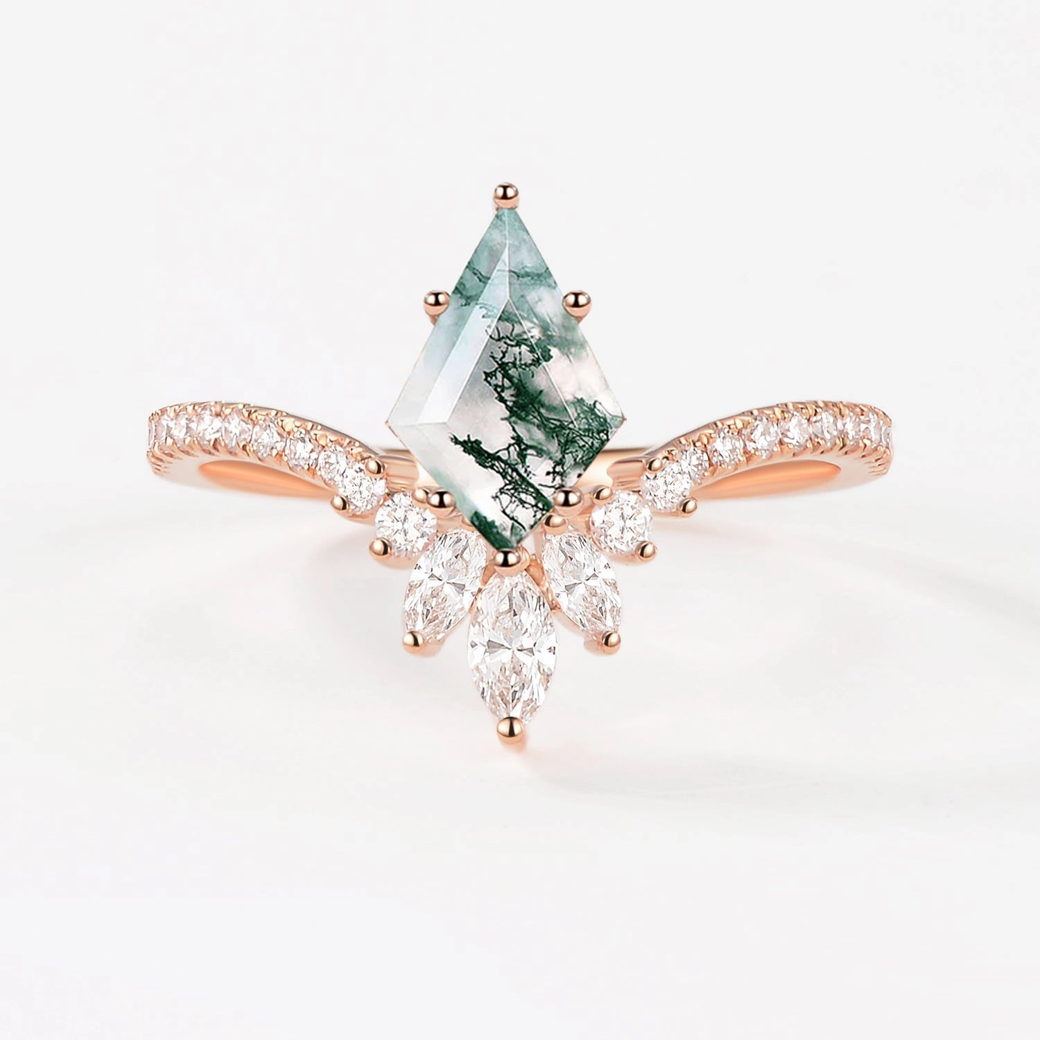 Kite Cut Moss Agate Chevron Engagement Ring - Sylph Rough Use