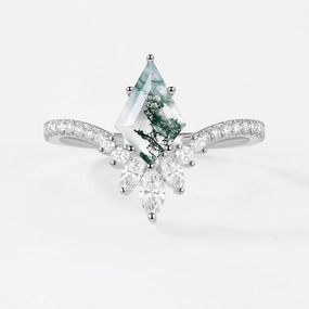 Rich Texture Kite Cut Moss Agate Chevron Engagement Ring - Sylph