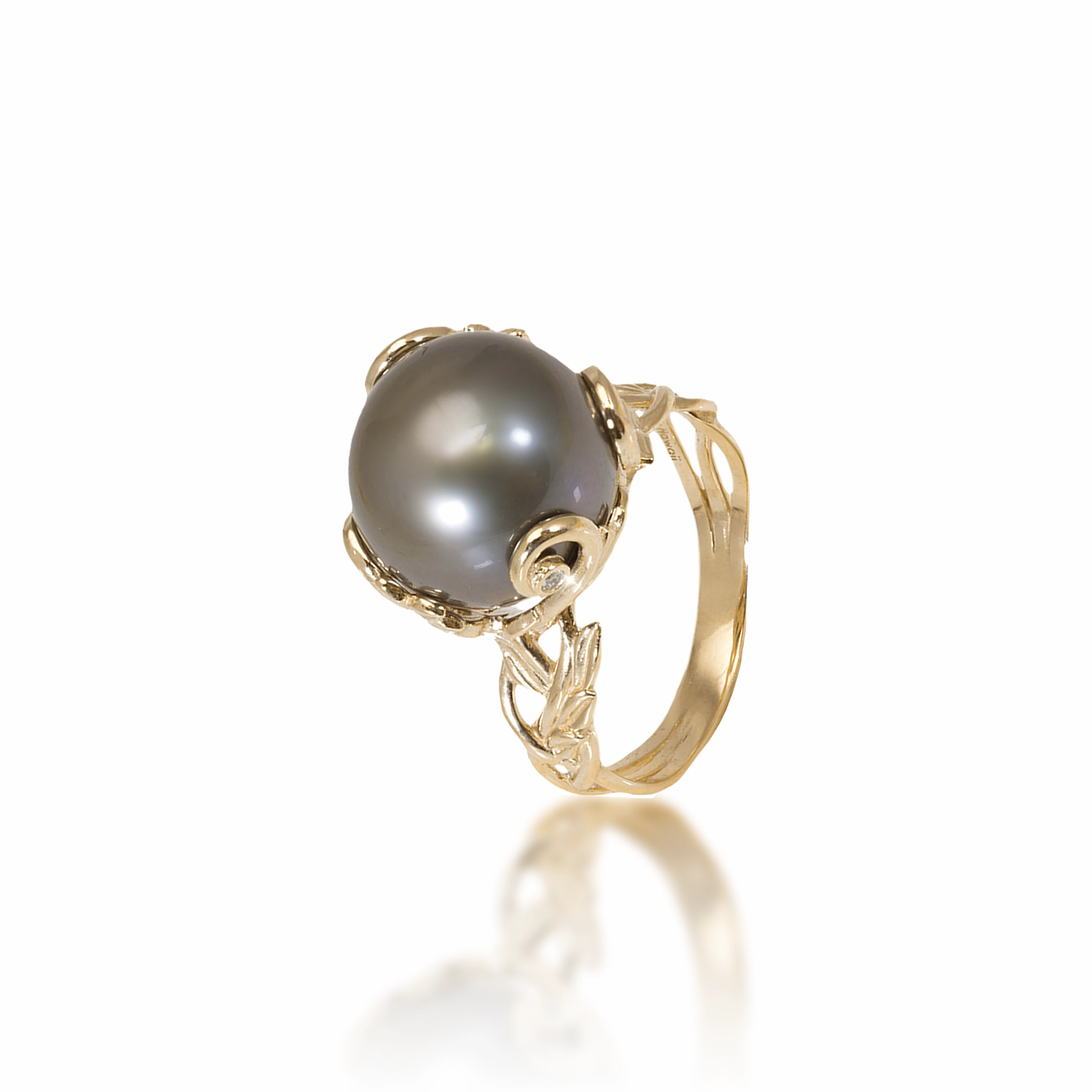 Living Heirloom Tahitian Black Pearl Ring in Gold with Diamonds - 12-13mm Contemporary Glow Soft Edge
