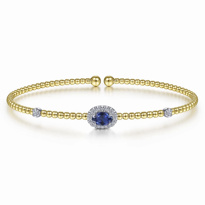 Soft Contrast Luxurious Detail 14K White-Yellow Gold Bujukan Sapphire and Diamond Halo Bangle