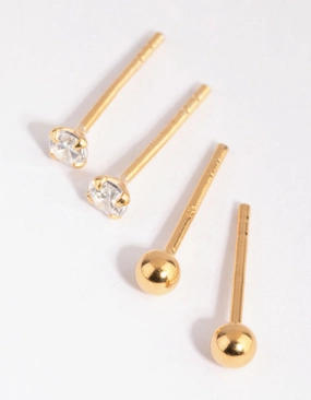 Impeccable Highlight Modern Sparkle Gold Plated Sterling Silver Ball Stud & Hoop Earring Pack