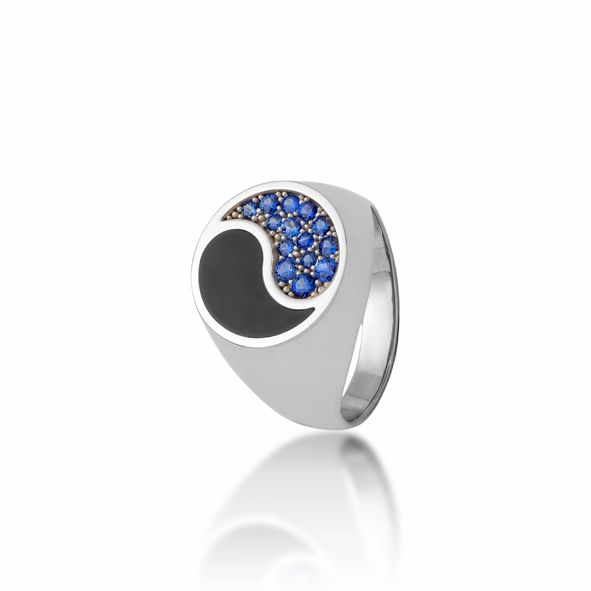 Modern Touch Yin Yang Black Coral Ring in White Gold with Blue Sapphires - 17.5mm