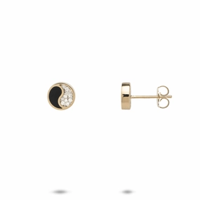 Evening Gift Yin Yang Black Coral Earrings in Gold with Diamonds - 7mm