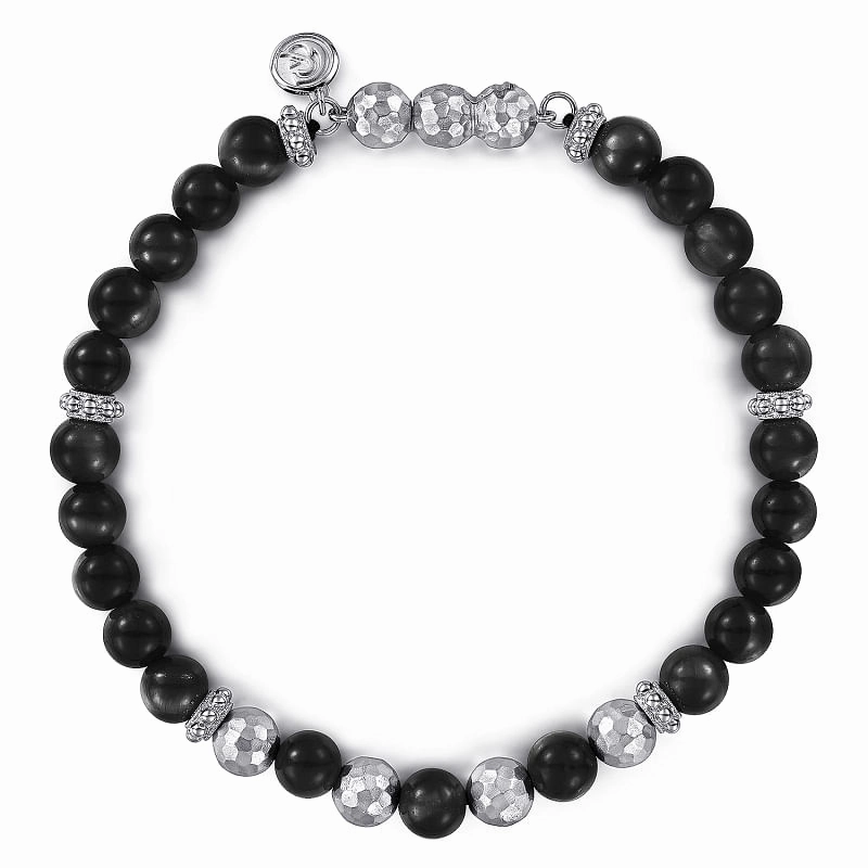 925 Sterling Silver and Onyx Beaded Bracelet Smooth Texture High impact
