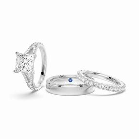 Weekend Chic Unique Ornament Princess Cut Split Shank Moissanite Couple's Ring Set with Men's Wedding Band
