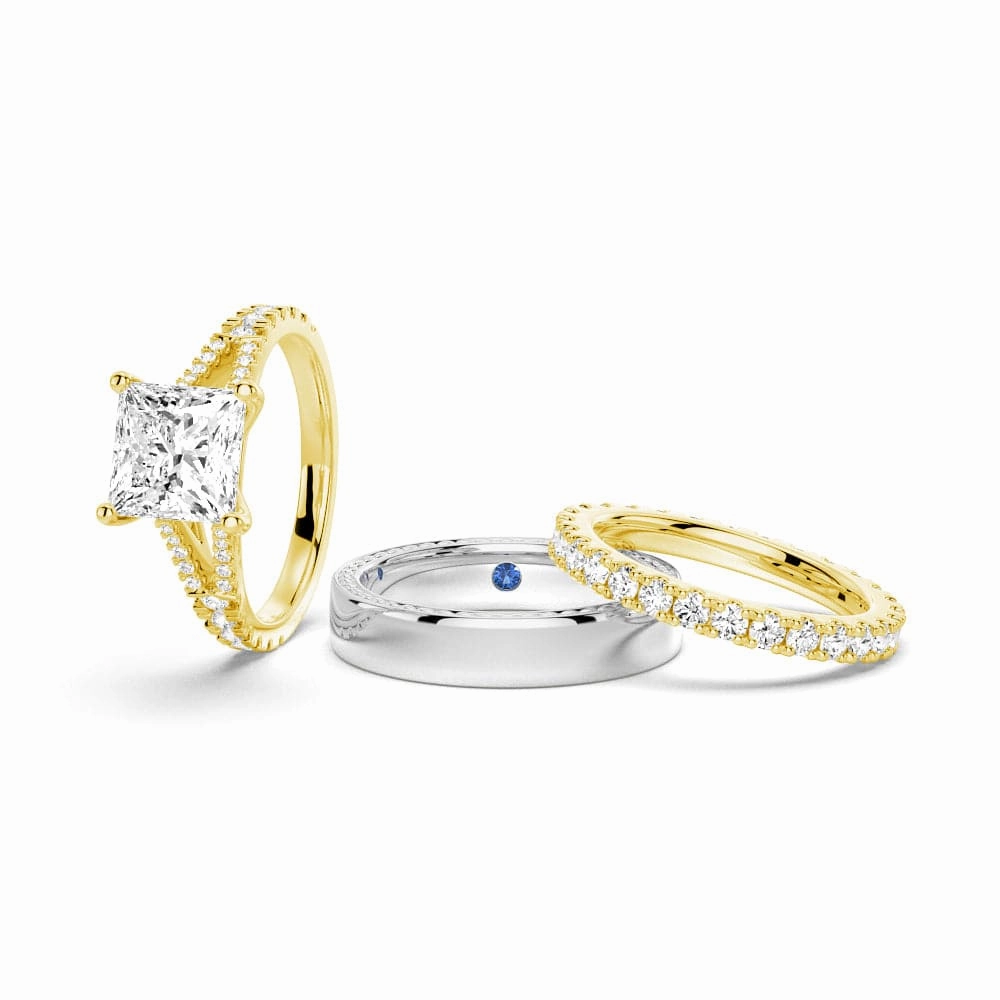Princess Cut Split Shank Moissanite Couple's Ring Set with Men's Wedding Band Special Accent Unique Accessory