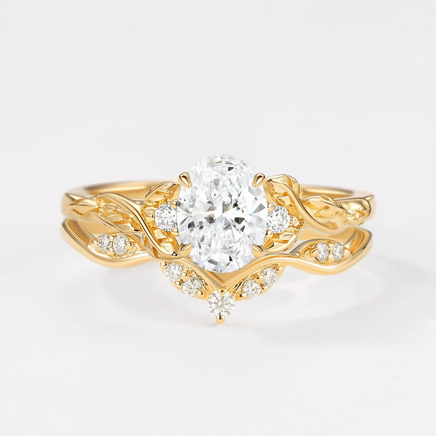 Simple Sparkle Amazing Adornment Oval Shaped Lab Grown Diamond Leafy Engagement Ring Set 2pcs