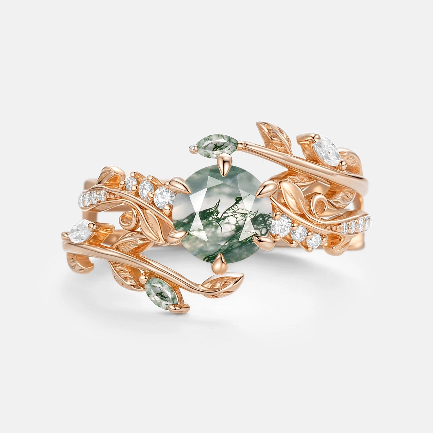 Round Cut Vine Moss Agate Engagement Ring Sets 2pcs - Twine Trendy Sparkle
