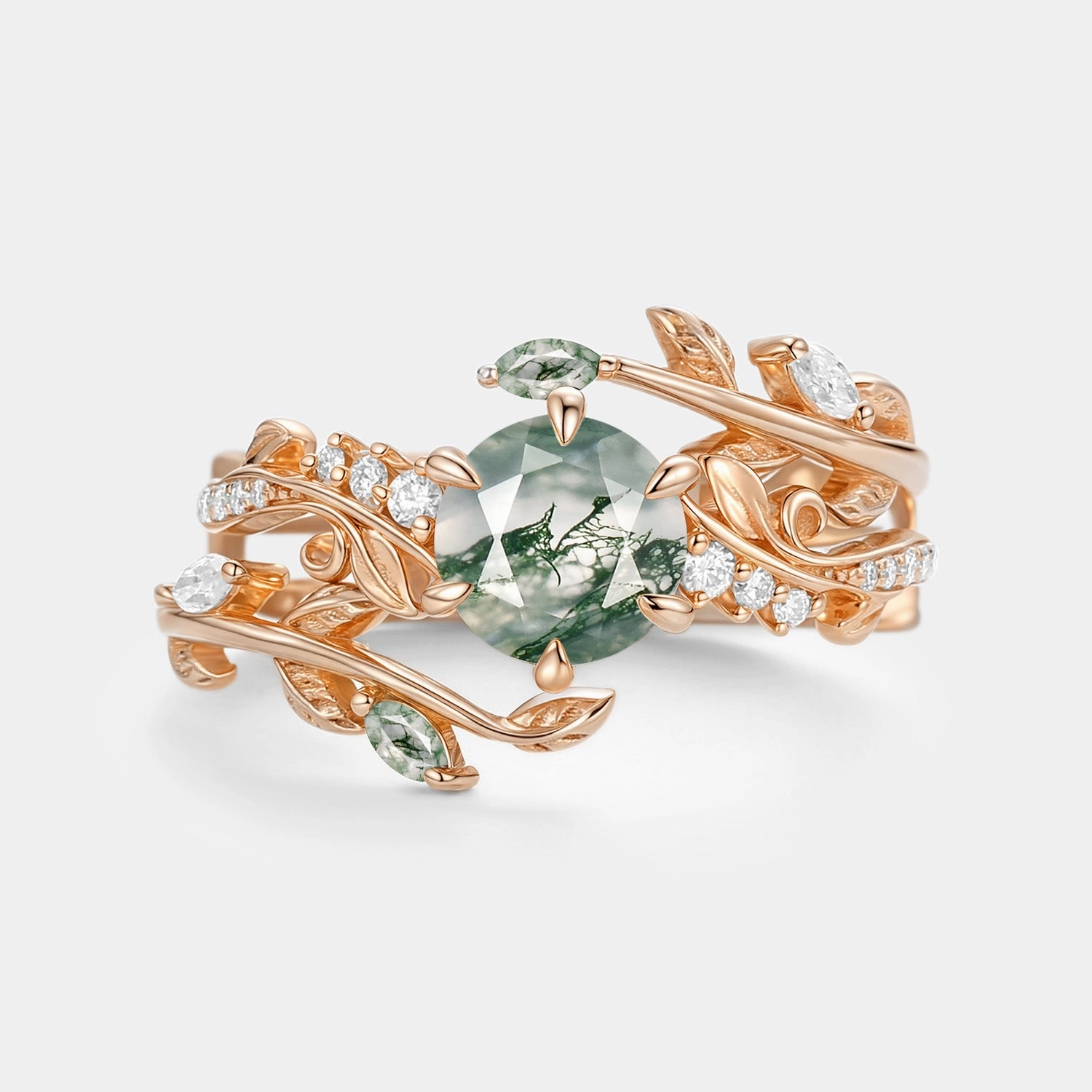 Round Cut Vine Moss Agate Engagement Ring Sets 2pcs - Twine Night Out