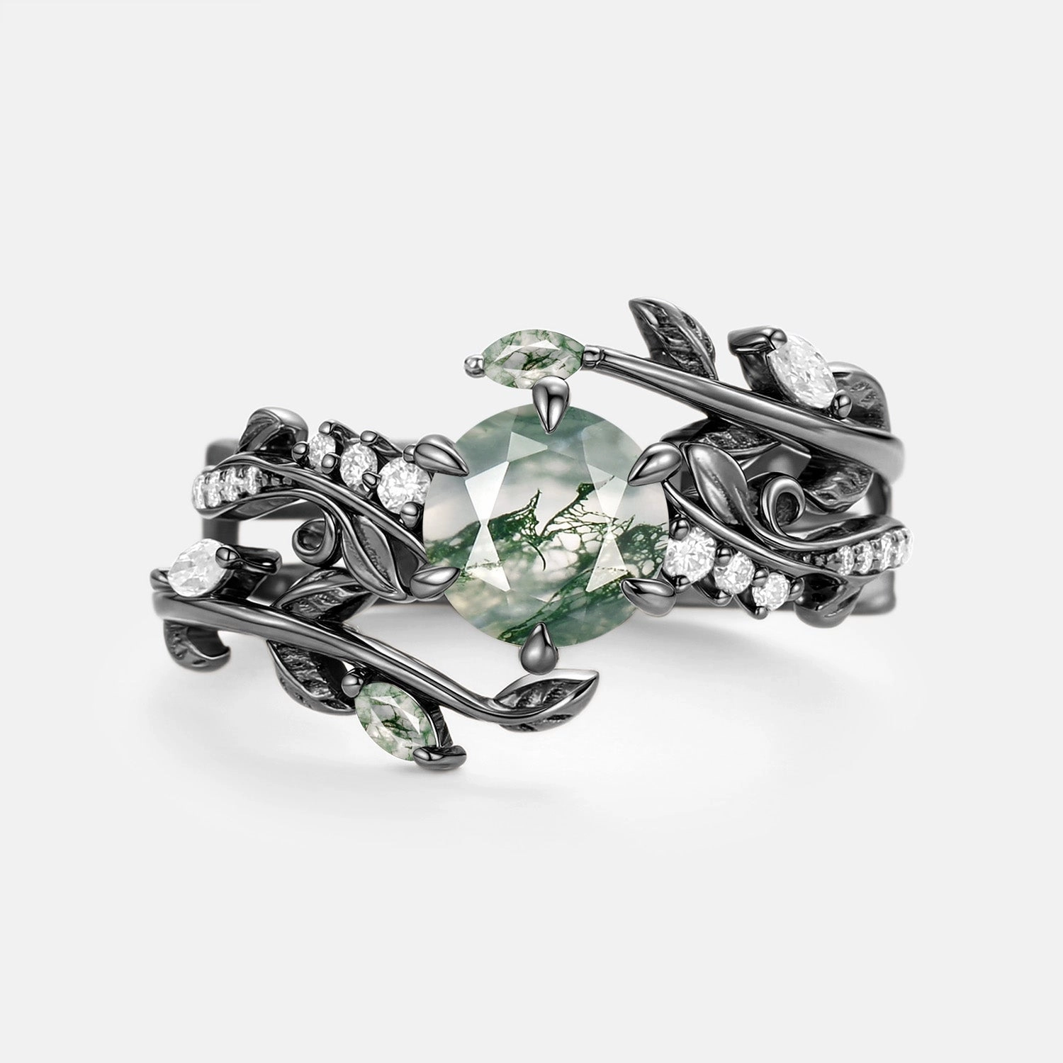 Luxury Accent Round Cut Vine Moss Agate Engagement Ring Sets 2pcs - Twine