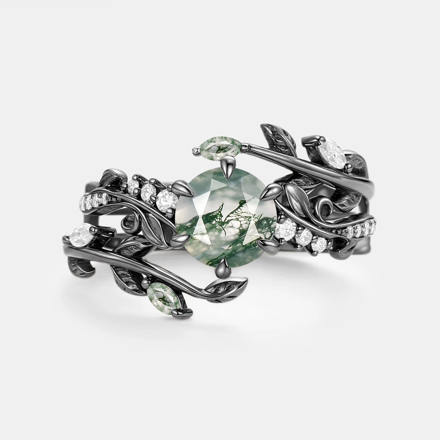 Round Cut Vine Moss Agate Engagement Ring Sets 2pcs - Twine Minimal Charm Distinctive Shine