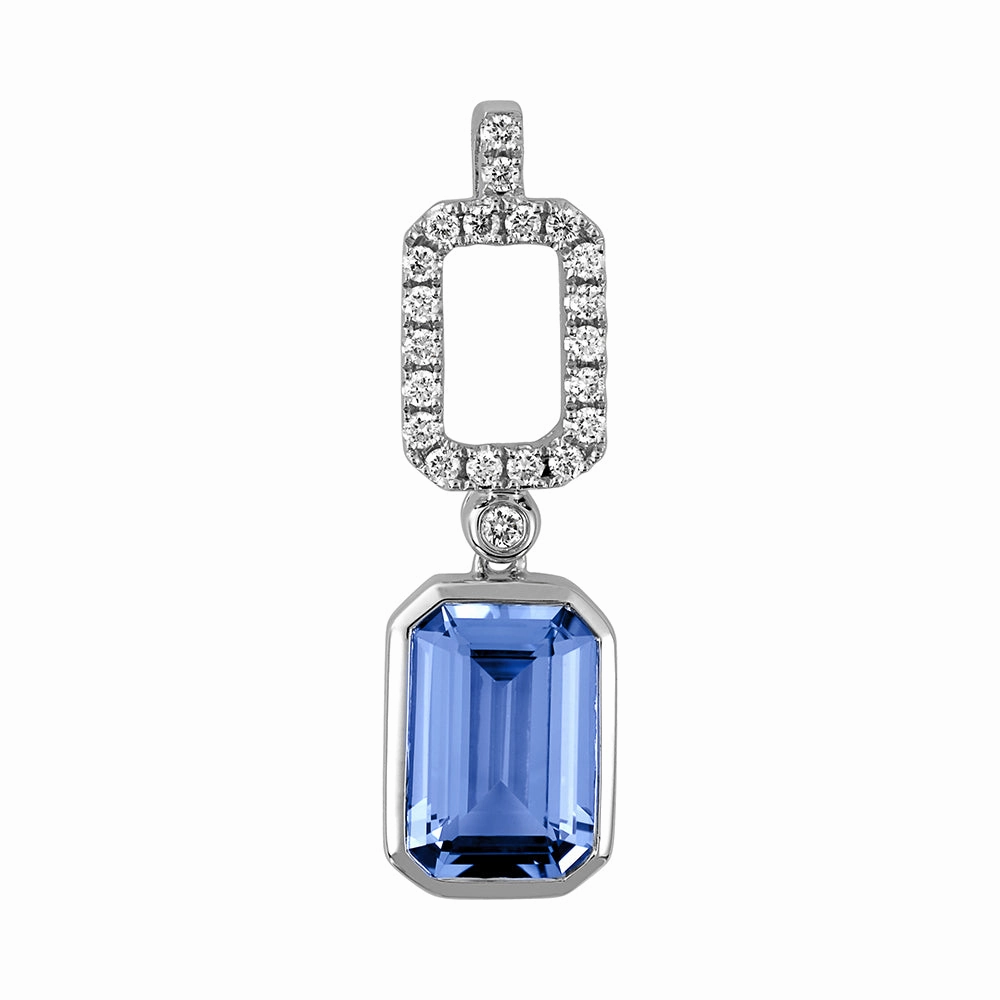 14k white gold pendant featuring an 9x6mm emerald-cut Chatham lab grown aqua blue spinel with Chatham lab grown diamonds. spring fashion
