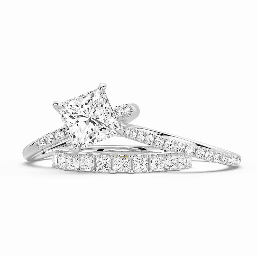 Accent Focus Dazzling Sparkle Princess Cut Hidden Halo Moissanite Ring Set with Matching Stacking Band