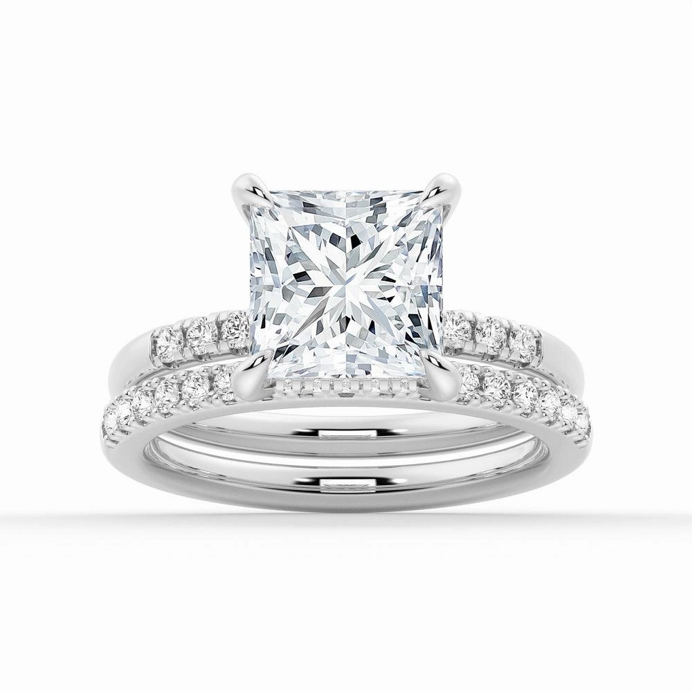 Princess Cut Hidden Halo Moissanite Ring Set with Matching Wedding Band Handmade Shine Everyday Duo