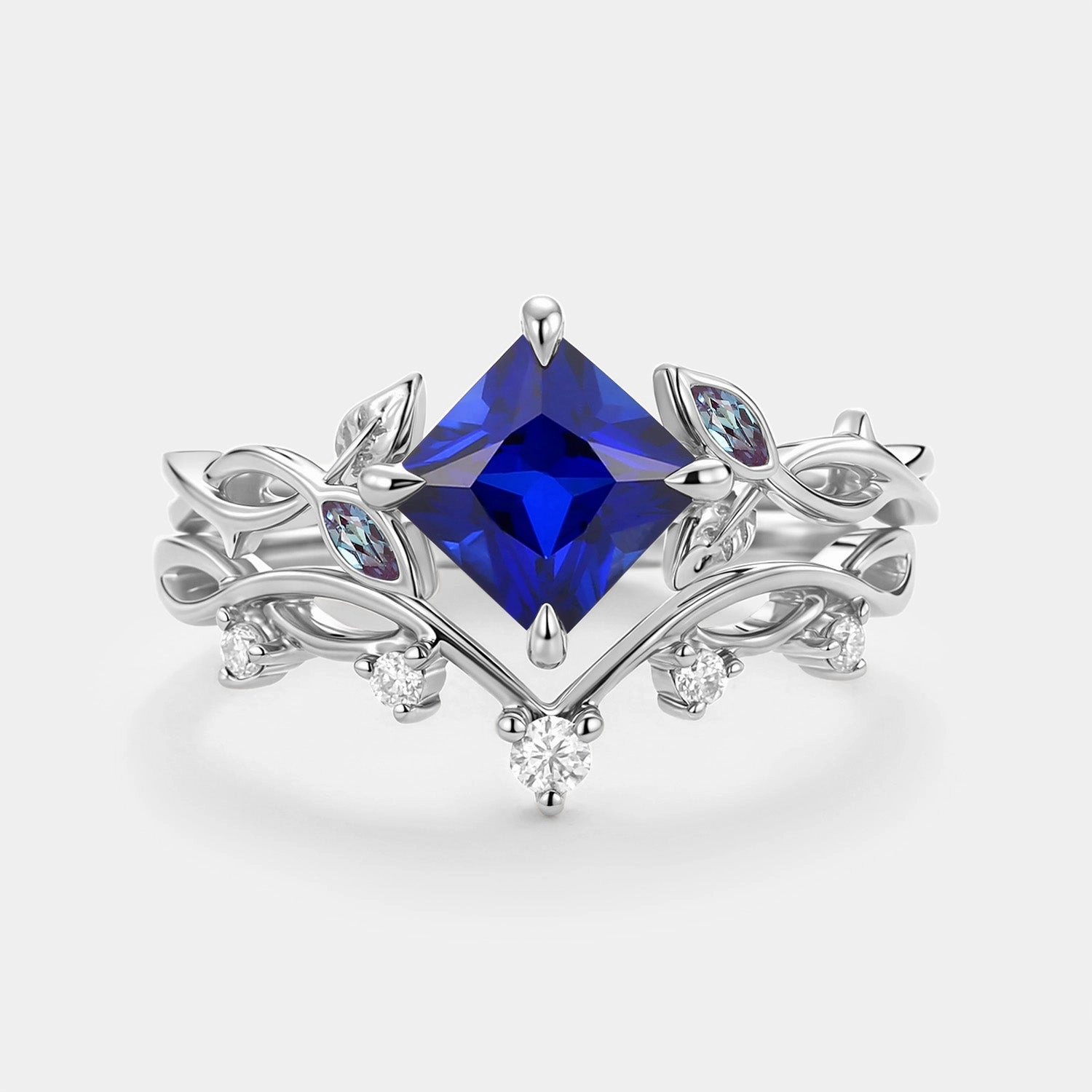 Princess Cut Lab Sapphire Twist Leafy Engagement Ring Set- Sable Custom Token Comfortable item