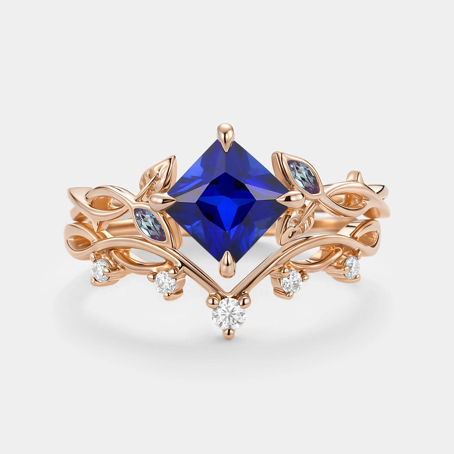 Princess Cut Lab Sapphire Twist Leafy Engagement Ring Set- Sable Lustrous Shine Strong Expression