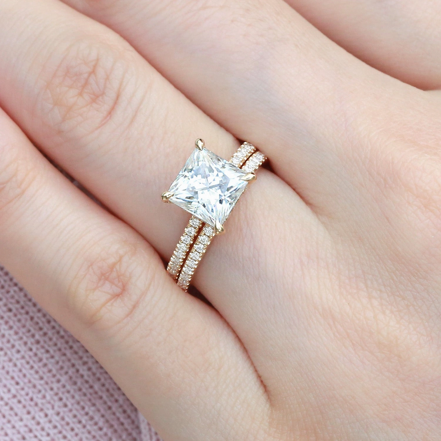 Princess Cut Moissanite Engagement Ring Set 2pcs - Belle Modern Glam Polished Spark