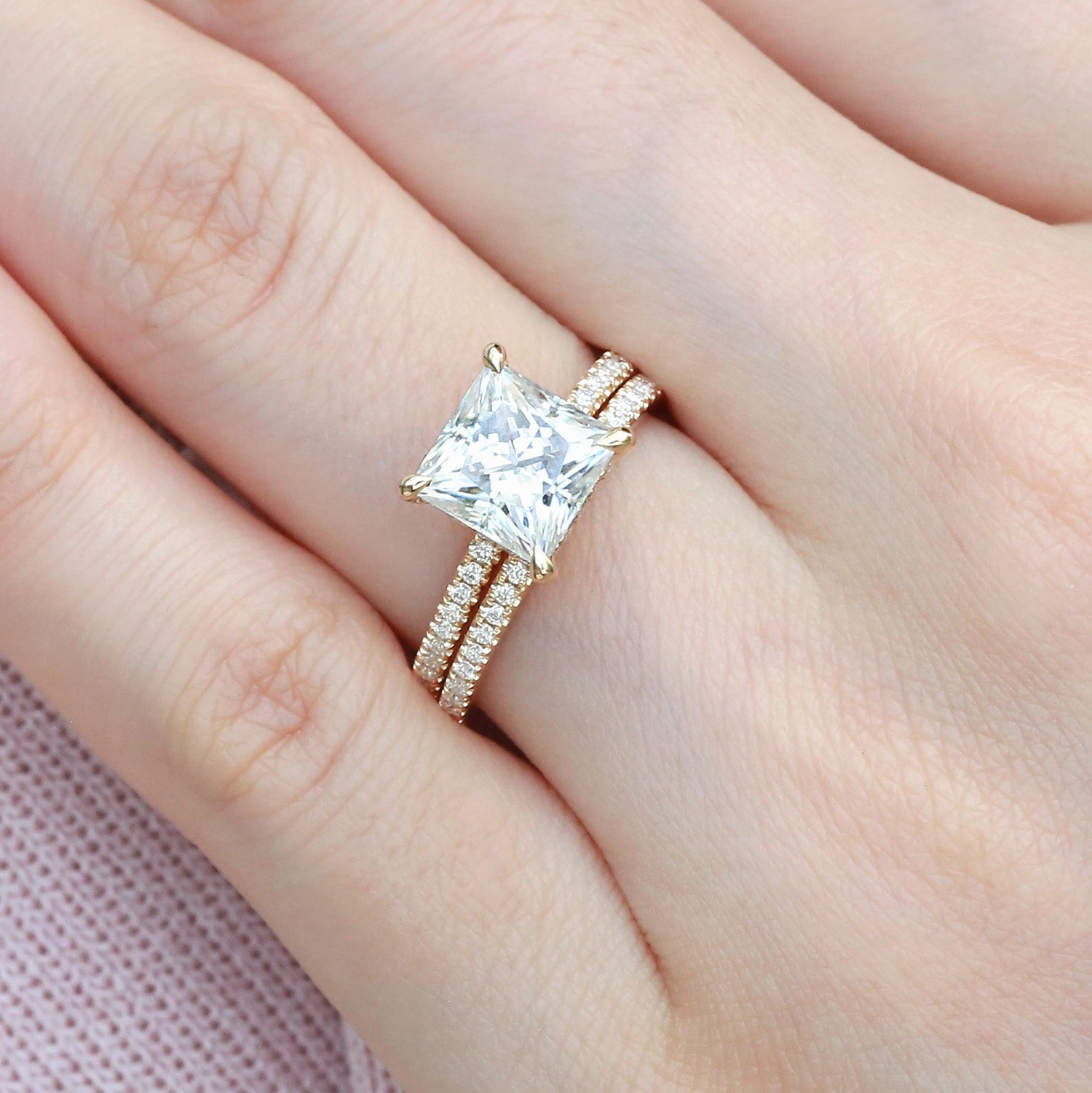 Modern Present Stylish Embellishment Princess Cut Moissanite Engagement Ring Set 2pcs - Belle