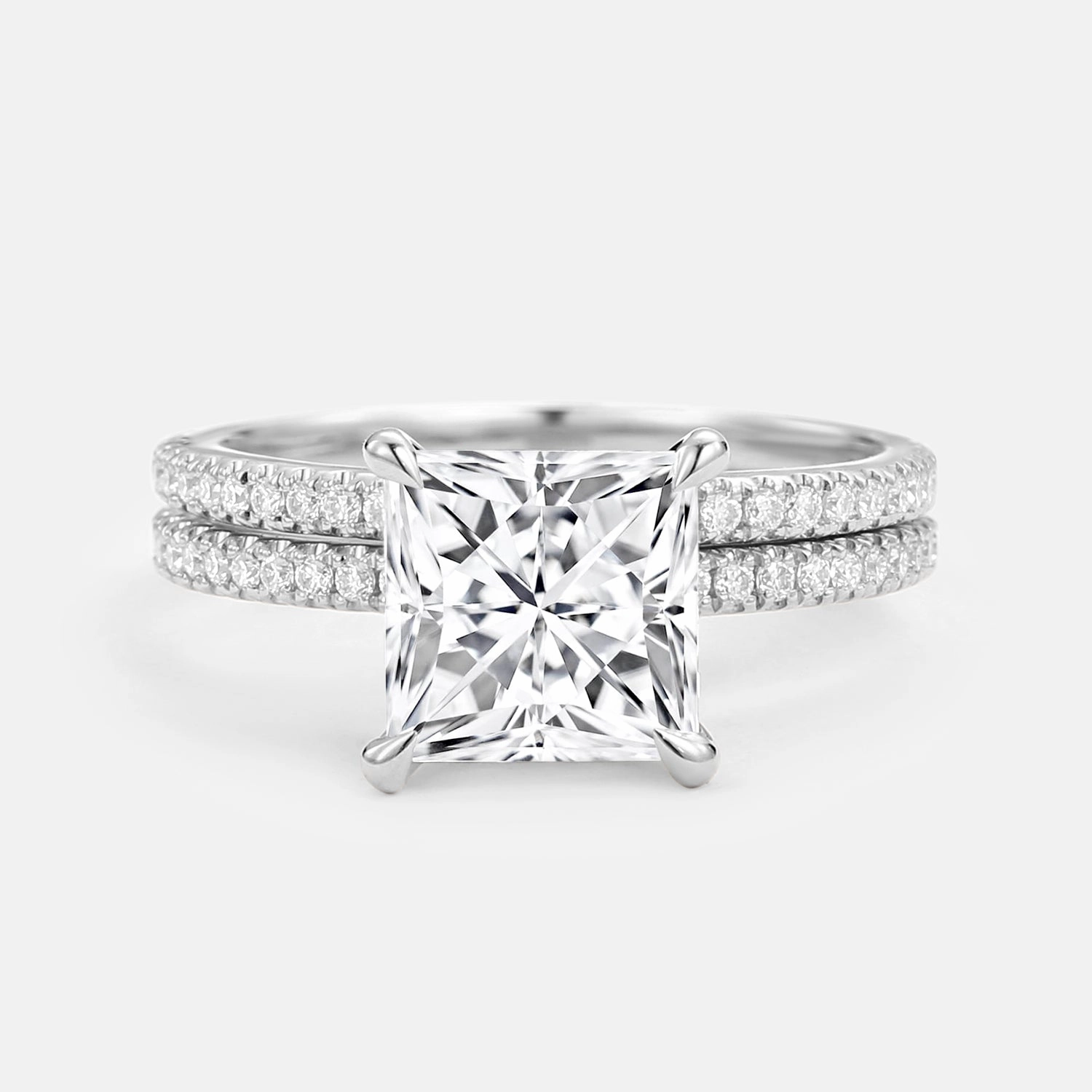 Princess Cut Moissanite Engagement Ring Set 2pcs - Belle Neat Finish