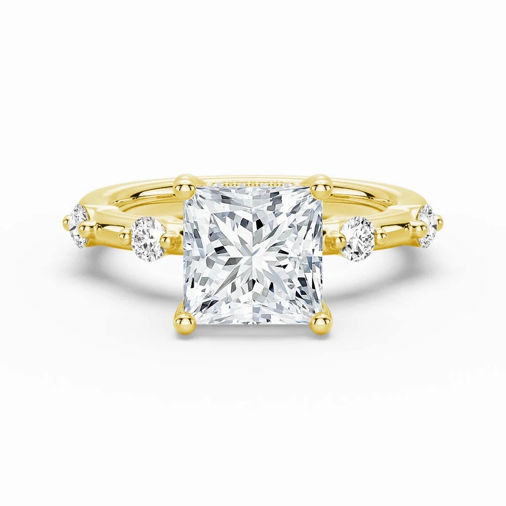 Sophisticated Jewelry Pieces Handcrafted Shine Princess Cut Moissanite Ring with Diamond Spaced Band and Hidden Halo