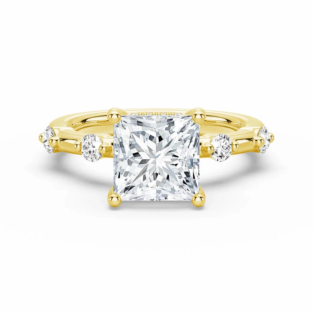 Everyday Touch Princess Cut Moissanite Ring with Diamond Spaced Band and Hidden Halo