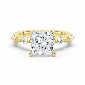Dazzling Effect Princess Cut Moissanite Ring with Diamond Spaced Band and Hidden Halo