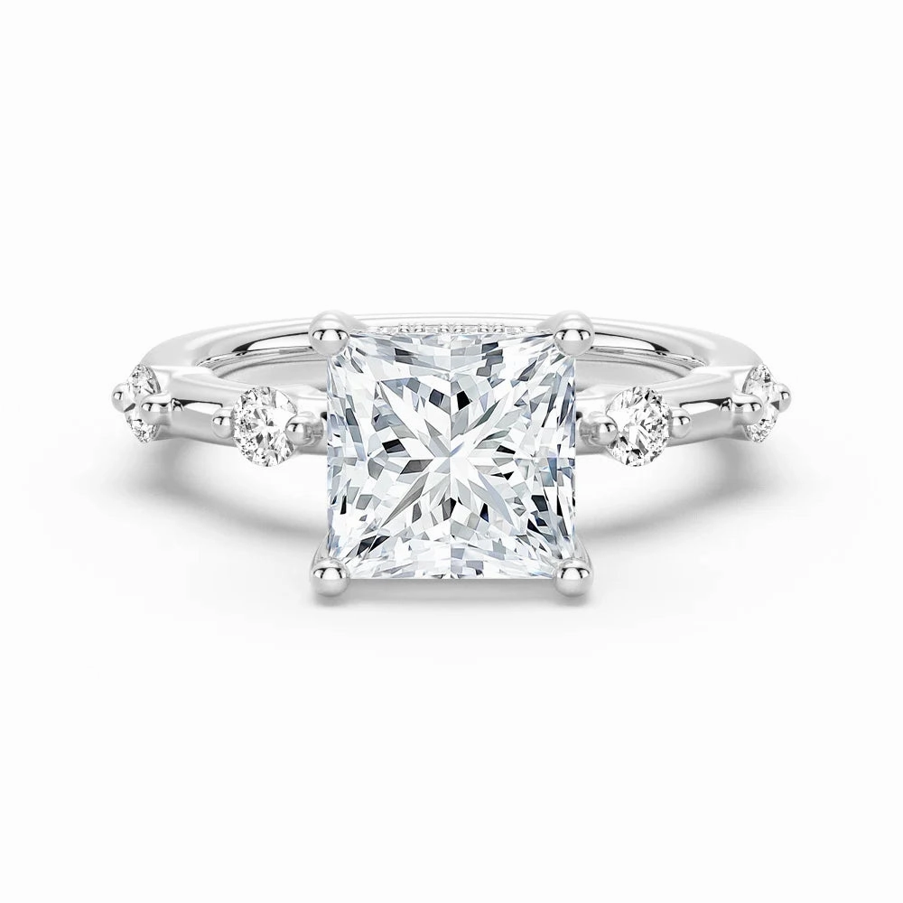 Princess Cut Moissanite Ring with Diamond Spaced Band and Hidden Halo Exquisite Detailing Exquisite Shine
