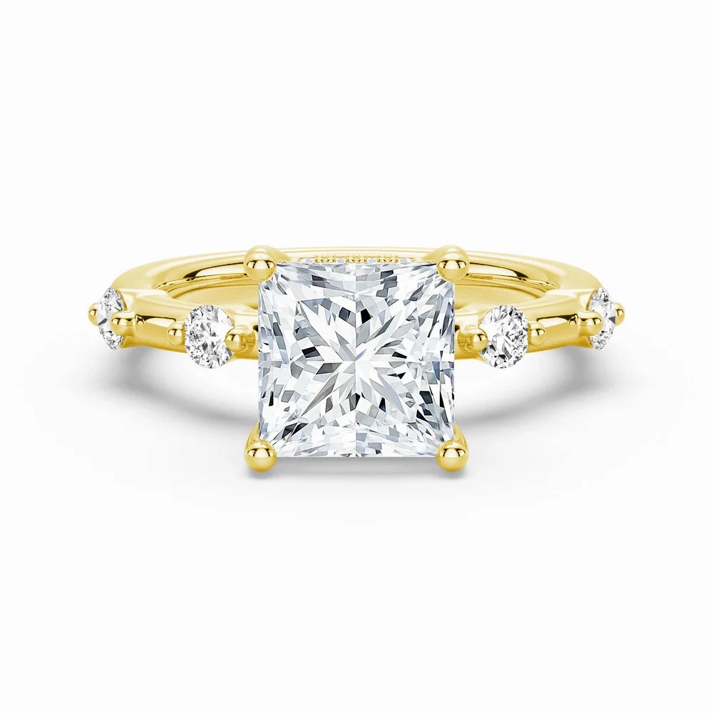 Dazzling Effect Princess Cut Moissanite Ring with Diamond Spaced Band and Hidden Halo