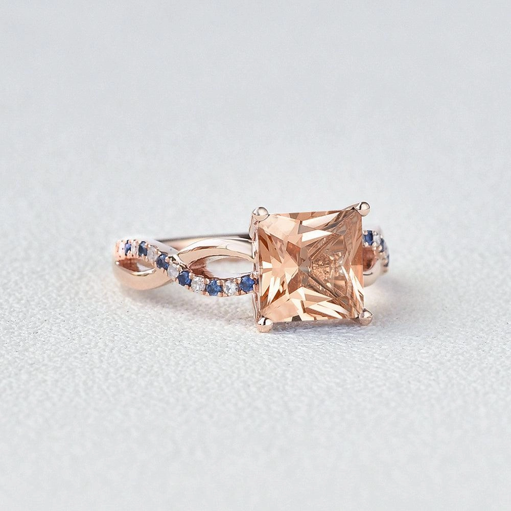 Handcrafted Piece Princess Cut Morganite & Sapphire Infinity Rose Gold Ring