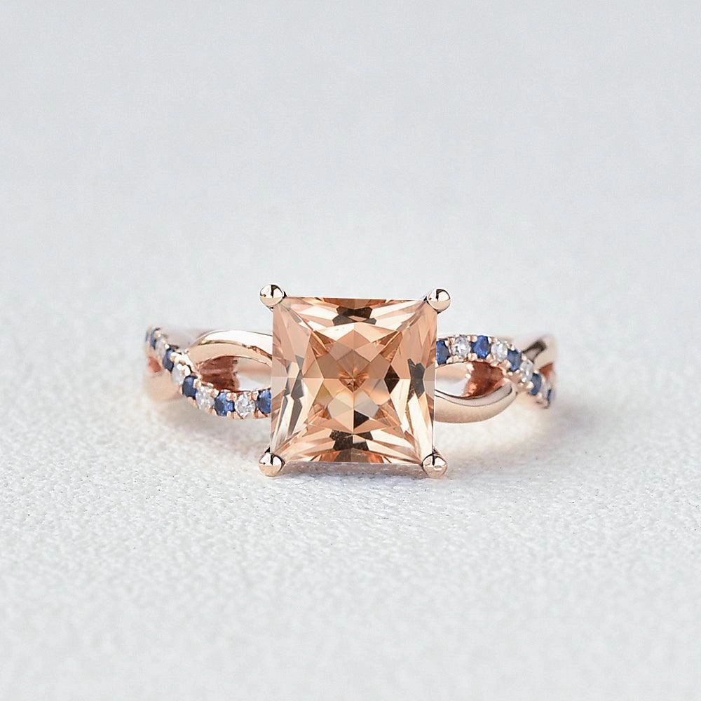 Mid Century Princess Cut Morganite & Sapphire Infinity Rose Gold Ring