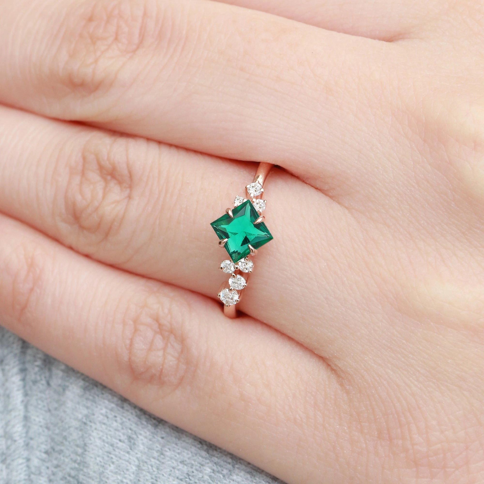 Princess Cut Moss Agate & Moissanite Rose Gold Ring Vintage Work