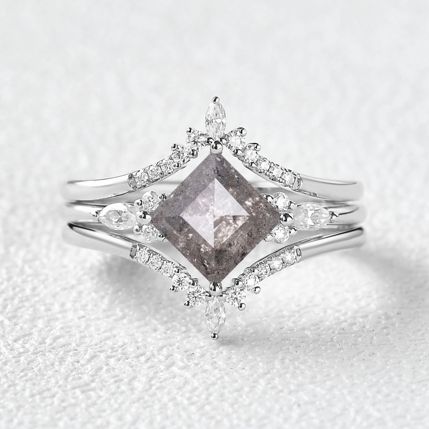 Custom Style Princess Cut Salt and Pepper Diamond Cluster Engagement Ring Set 3pcs