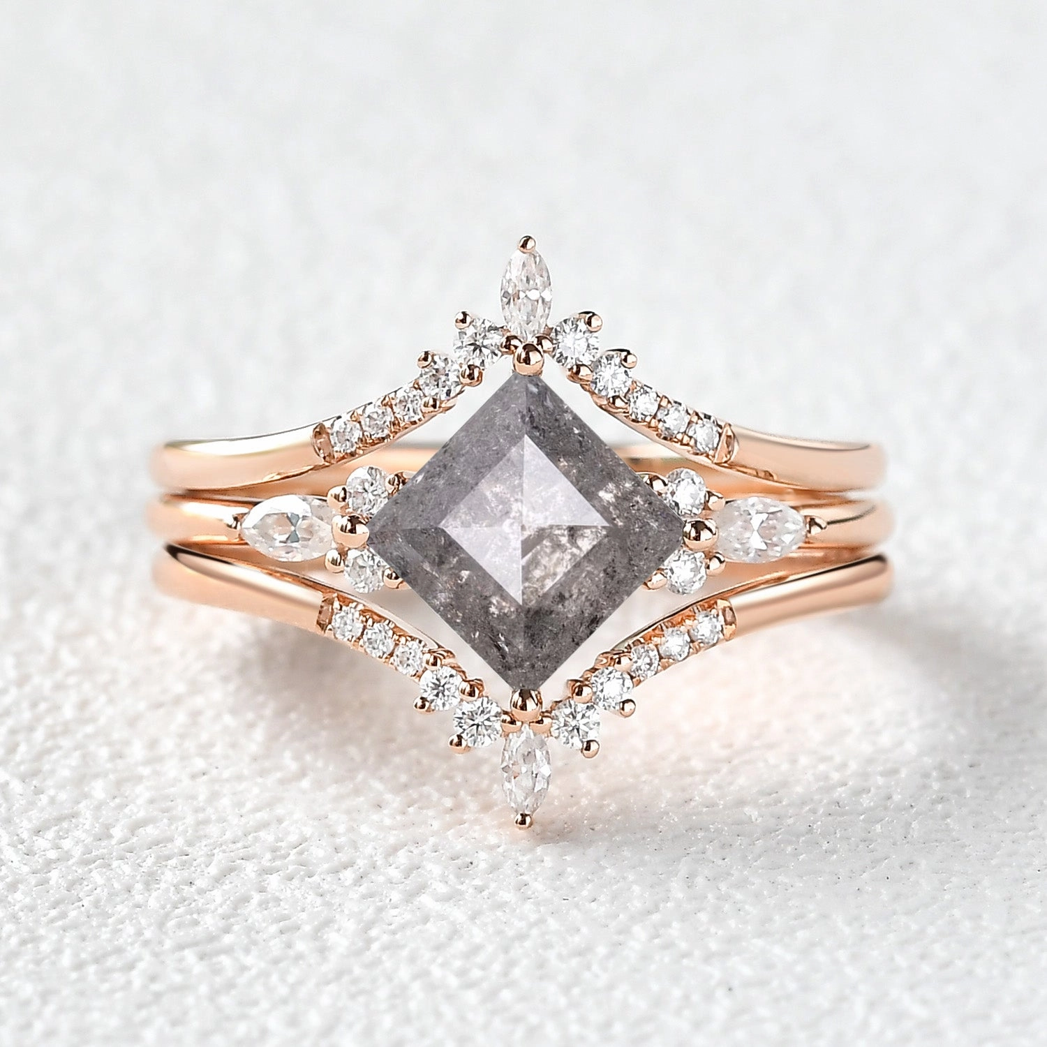 City Style Daily Accent Princess Cut Salt and Pepper Diamond Cluster Engagement Ring Set 3pcs