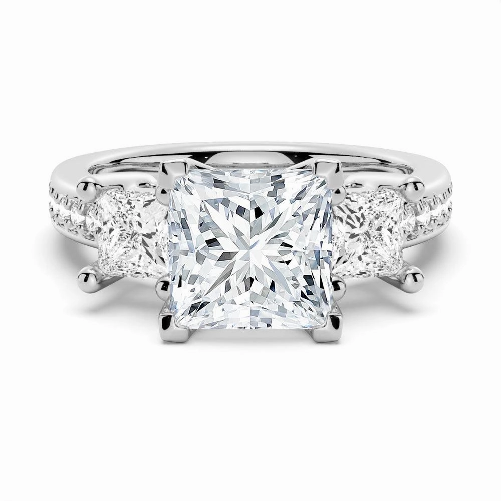 Princess Shaped Three Stone Moissanite Engagement Ring Gala Look Studio Shot