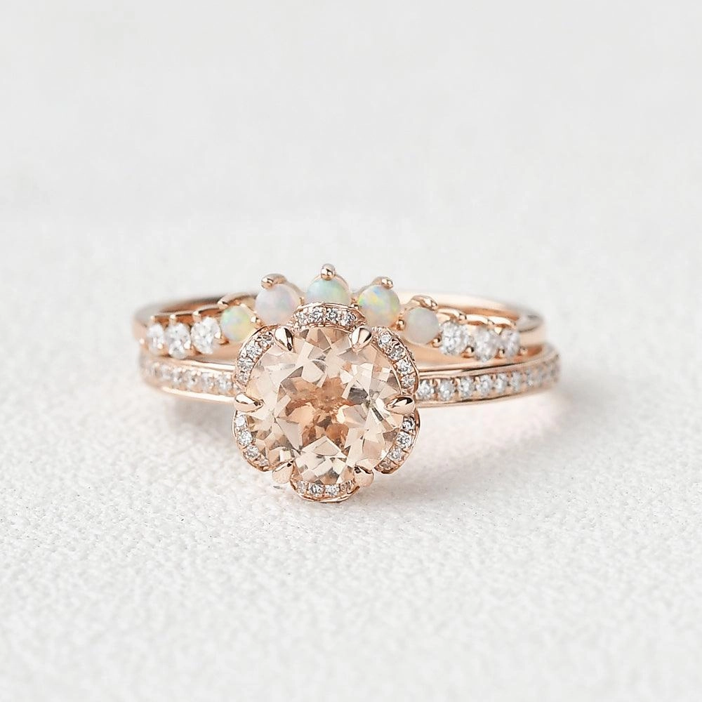 1.25ct Morganite Floral Vintage Cluster Ring Set 2pcs Bride Jewelry Elegant Expression