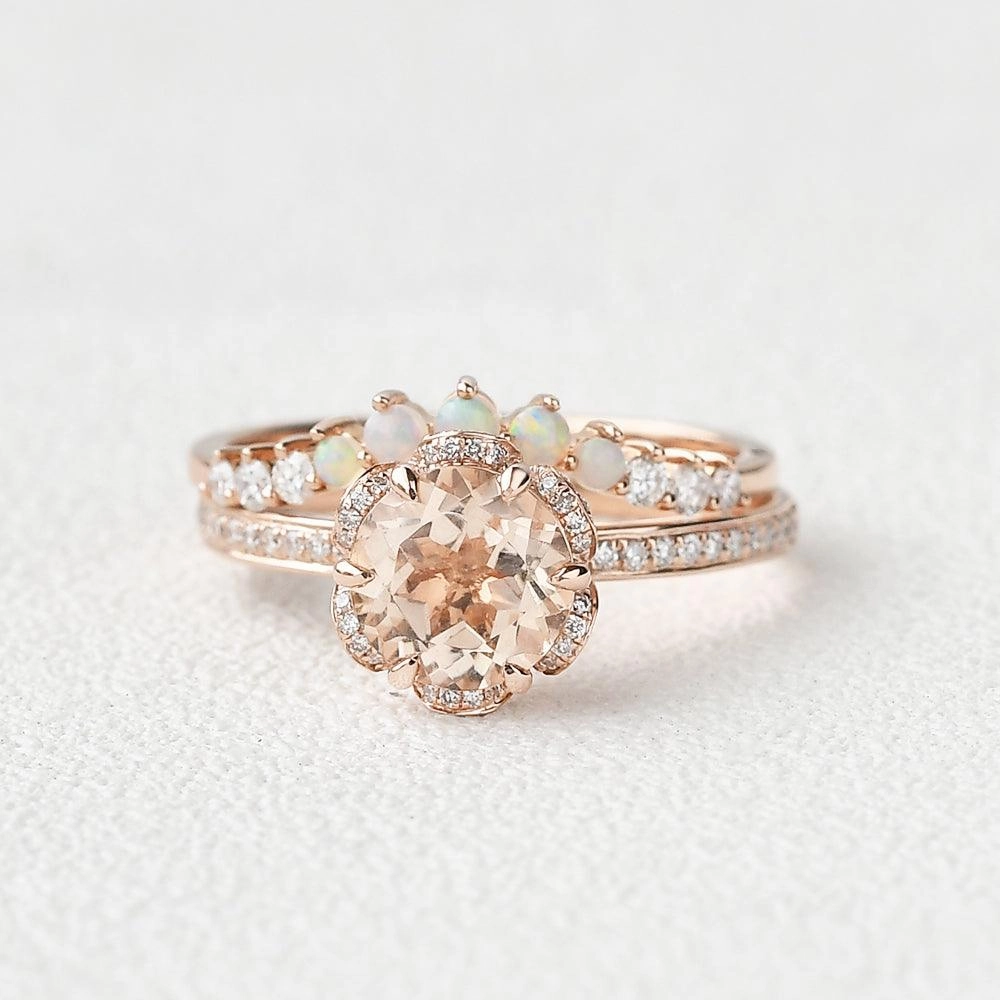 1.25ct Morganite Floral Vintage Cluster Ring Set 2pcs Simple Bauble Monogrammed Piece