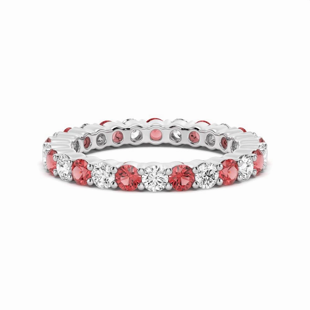 Prong Set Ruby and White Sapphire Eternity Wedding Band Sleek Feature