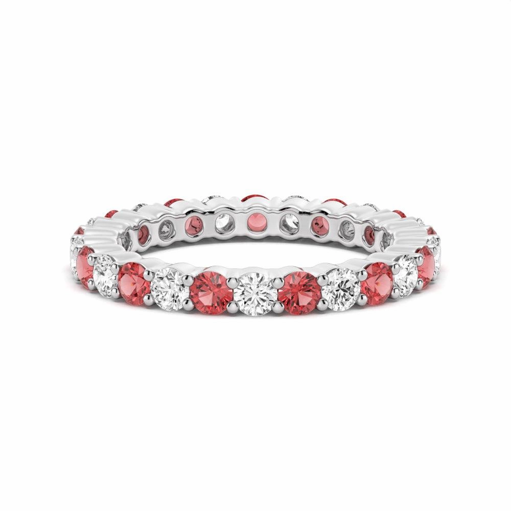 Contemporary Touch Prong Set Ruby and White Sapphire Eternity Wedding Band