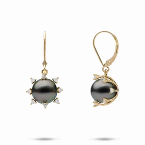 Protea Tahitian Black Pearl Earrings in Gold with Diamonds - 9-10mm Lustrous Glow Glistening Gem