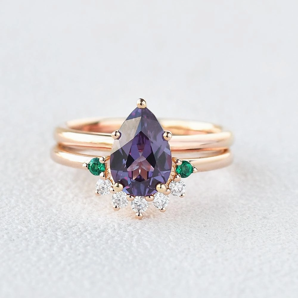Wonderful Symbol Alexandrite & Emerald & Moissanite Pear Shaped Ring Set 2pcs