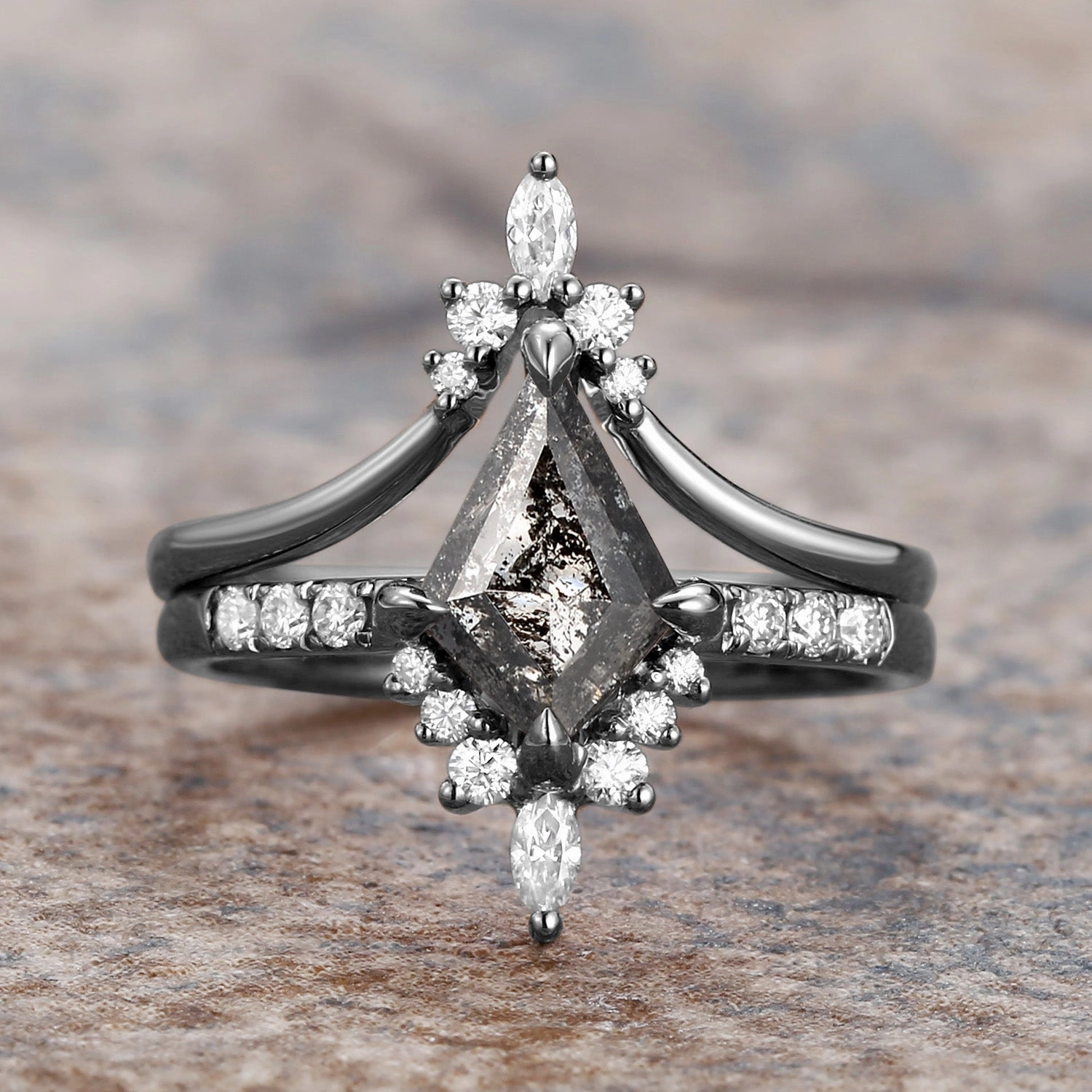 Salt and Pepper Diamonds Kite Cut Engagement Ring Set 2pcs - Starla Secure Gift