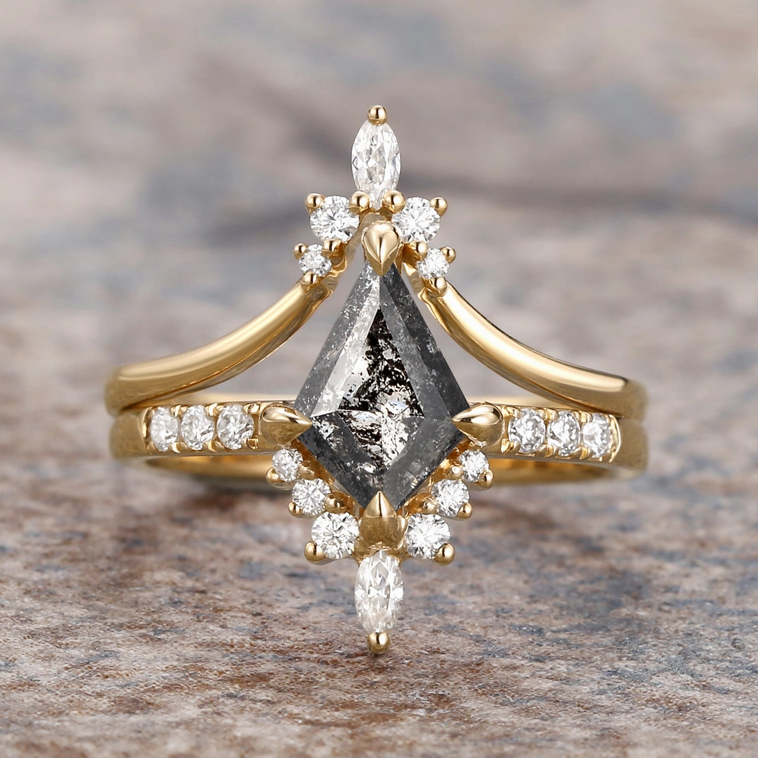 Minimal Choice Vintage Sign Salt and Pepper Diamonds Kite Cut Engagement Ring Set 2pcs - Starla