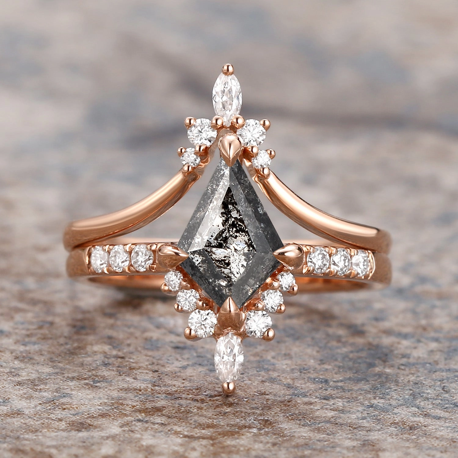 Salt and Pepper Diamonds Kite Cut Engagement Ring Set 2pcs - Starla Luxe Detail Perfect Accessory