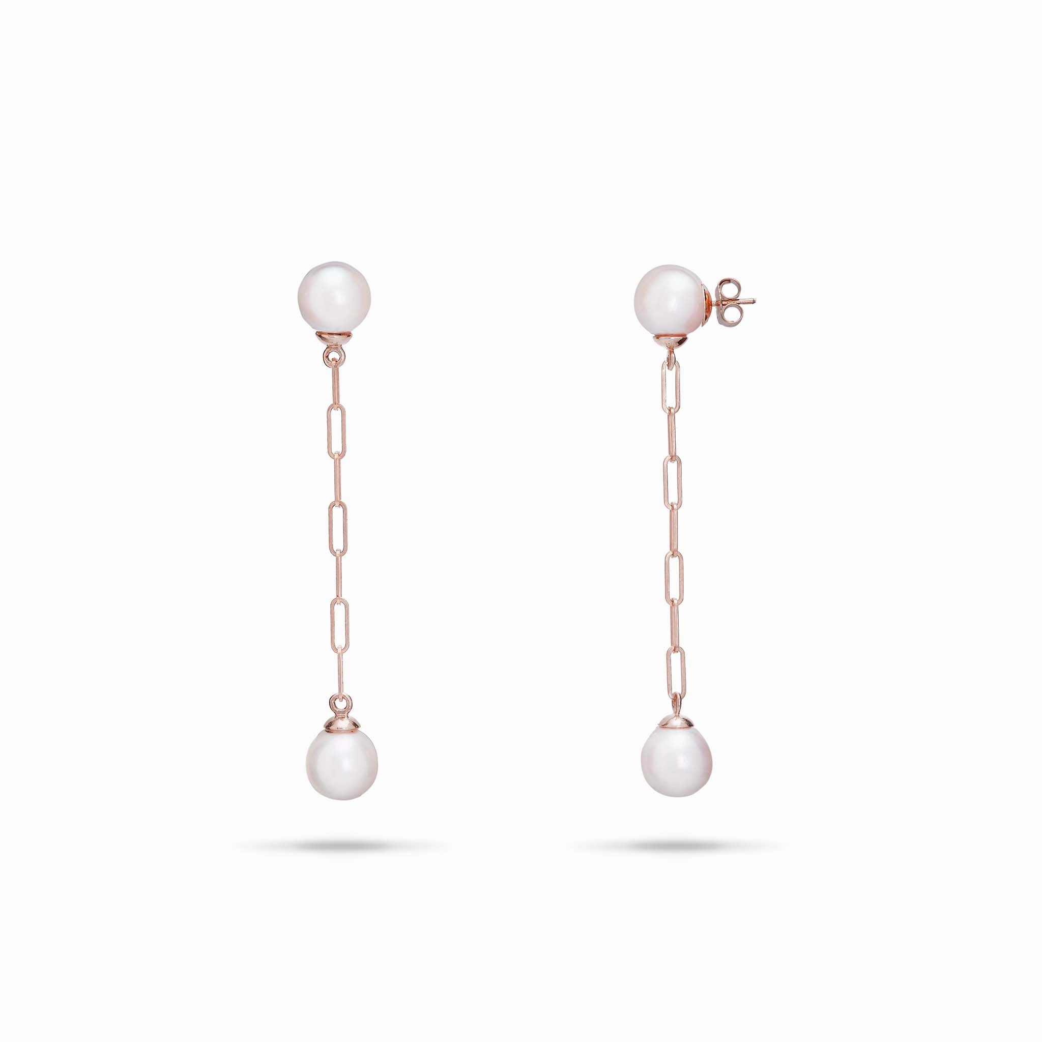 Akoya White Pearl Paperclip Chain Earrings in Rose Gold - 8mm Polished Accent Celebration Ready