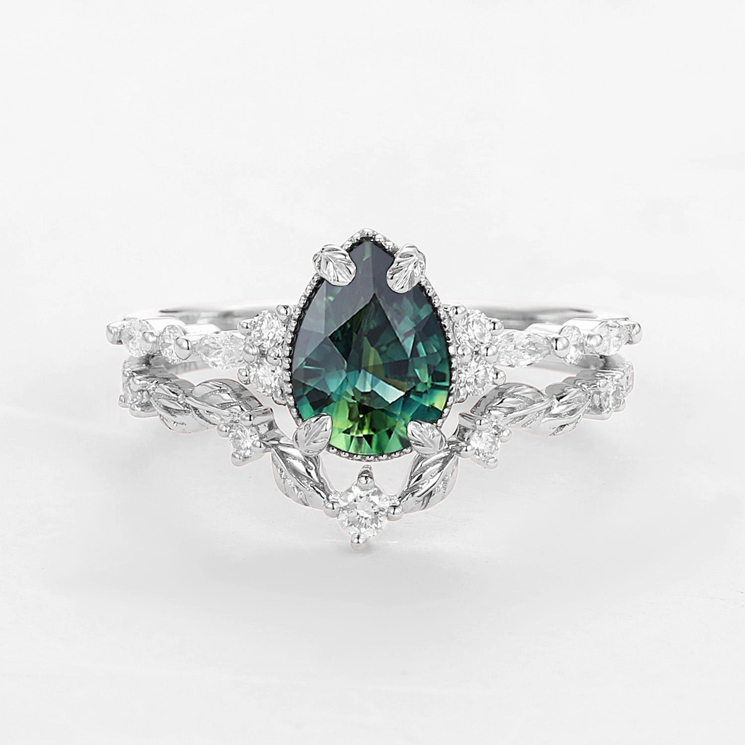 Engagement Party Classic Craft Vintage Pear Shaped Moss Agate Leafy Ring Set 2pcs - Bryony