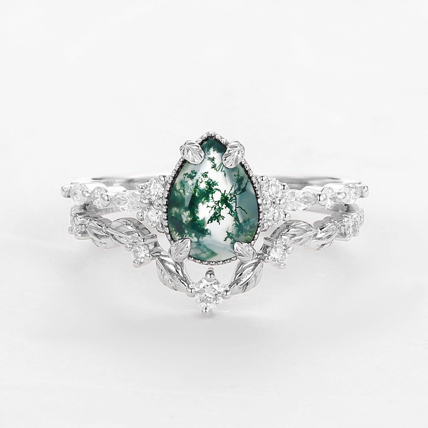 Formal Night Vintage Pear Shaped Moss Agate Leafy Ring Set 2pcs - Bryony