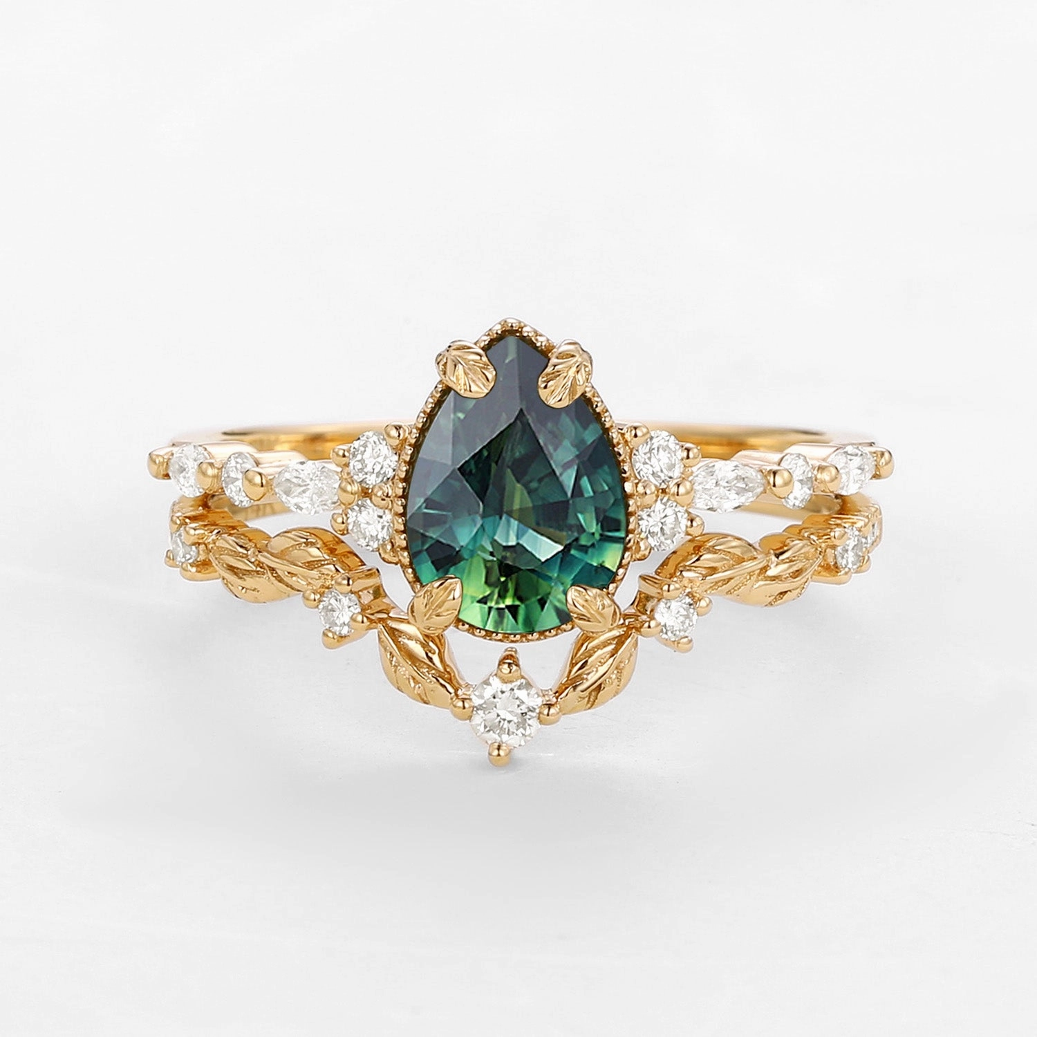 Vintage Pear Shaped Moss Agate Leafy Ring Set 2pcs - Bryony Dazzling Piece Handmade Elegance