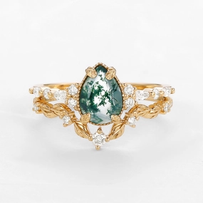 Stylish Design Vintage Pear Shaped Moss Agate Leafy Ring Set 2pcs - Bryony