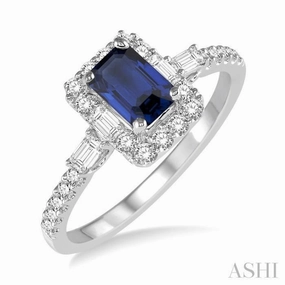 6x4 MM Octagon Cut Sapphire and 1/2 Ctw Round Cut Diamond Precious Ring in 14K White Gold gentle style