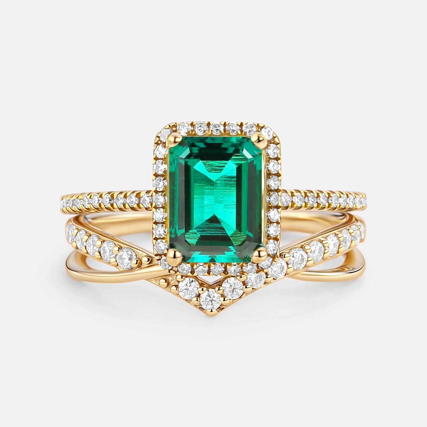 Emerald Cut Emerald & Moissanite Yellow Gold Ring Set Lightweight accessory